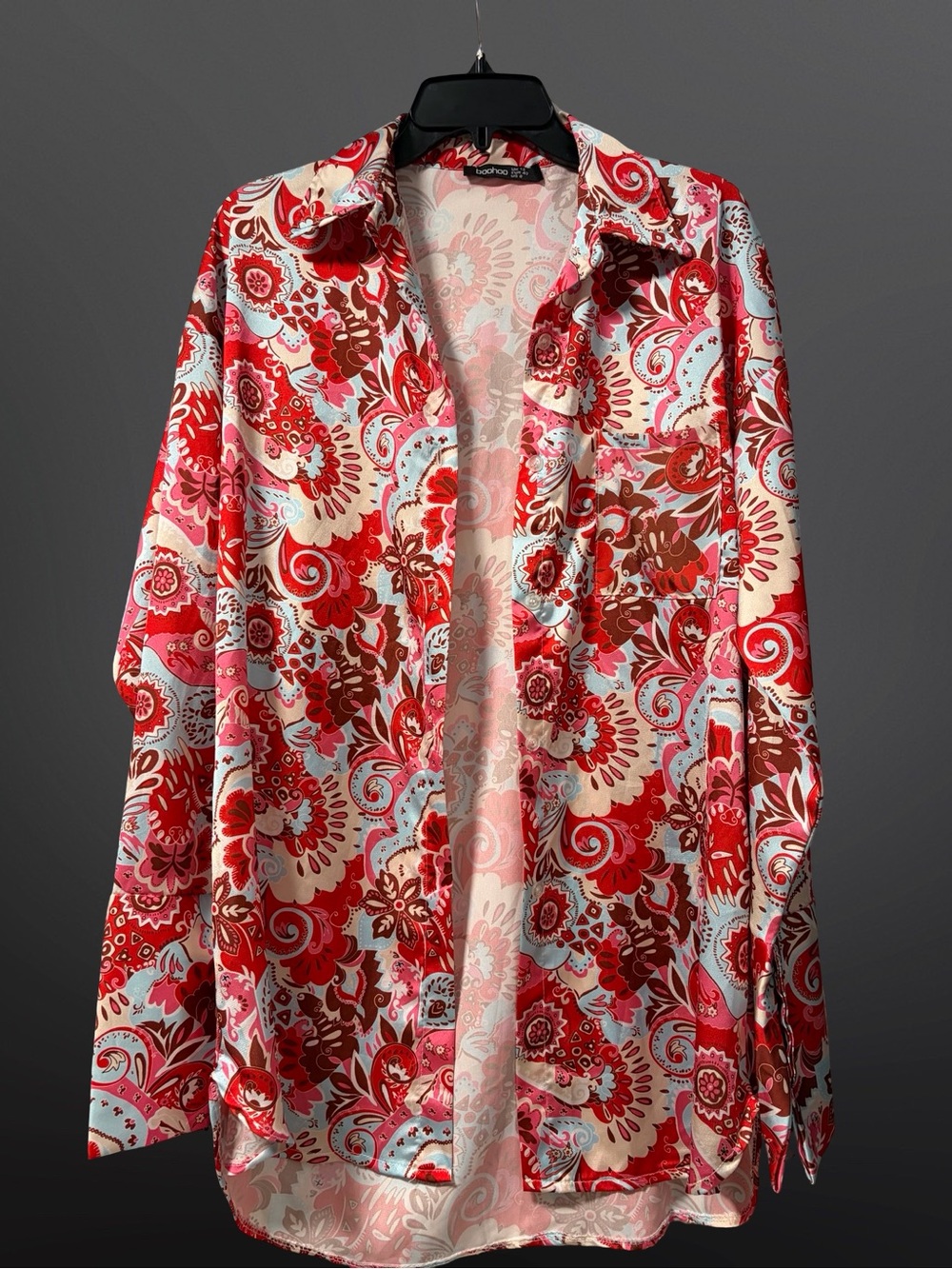 Boohoo Red Floral Satin Long Top